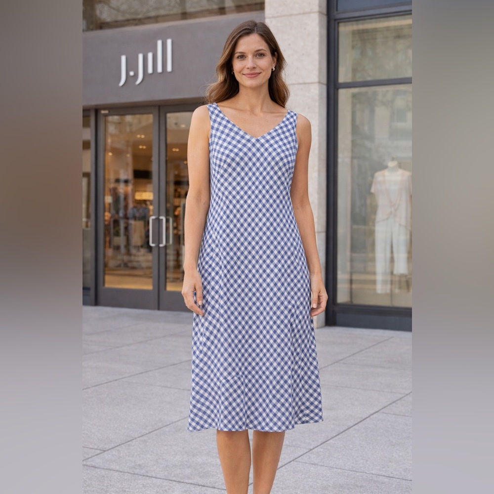 J. Jill Love Linen Blue/White Gingham Sleeveless Shift Dress Petite, Size S